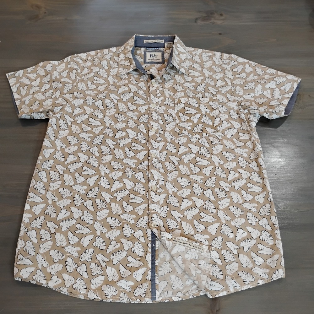Rebel James & Charli RJC Button Down Shirt Size Large Tan Palm Frond Denim Trim